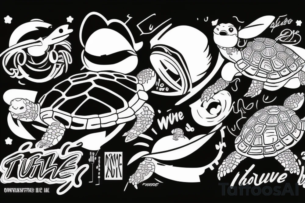 turtle Synthwave Stil, 2d digitale Vektorgrafik finelinestyle illustration tattoo idea