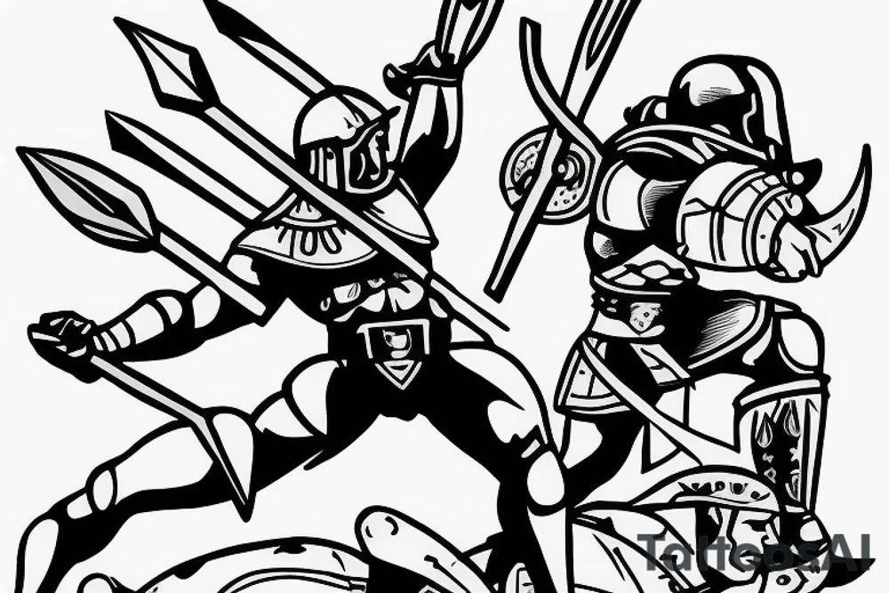 Spartan standing over enemy while deflecting arrows tattoo idea