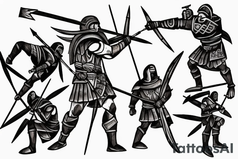 Spartan standing over enemy while deflecting arrows tattoo idea