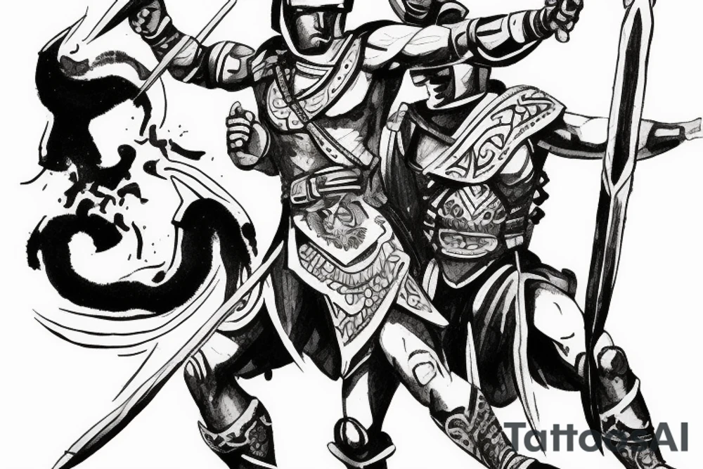 Spartan standing over enemy while deflecting arrows tattoo idea