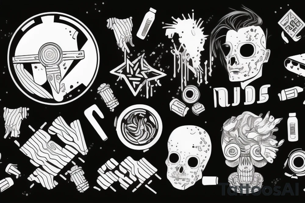 drugs acid rave music synthwave style, 2d digital vector art finelinestyle illustration tattoo idea