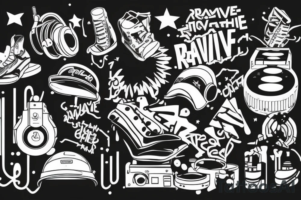 rave music dj synthwave style, 2d digital vector art finelinestyle illustration tattoo idea