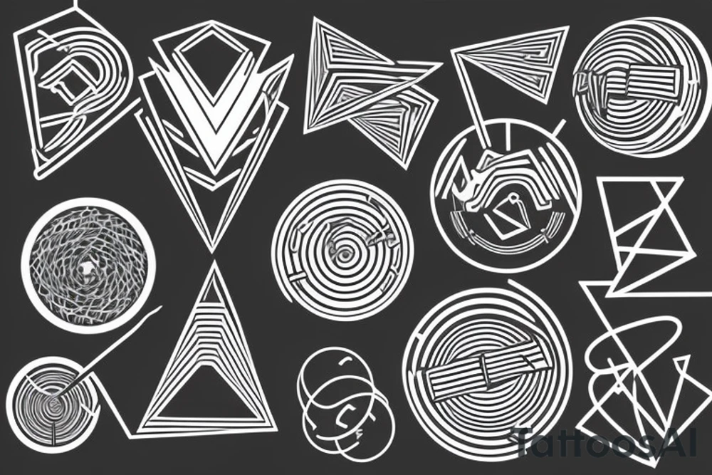 geometric signs music dj synthwave style, 2d digital vector art finelinestyle illustration tattoo idea