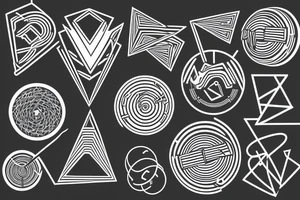 geometric signs music dj synthwave style, 2d digital vector art finelinestyle illustration tattoo idea