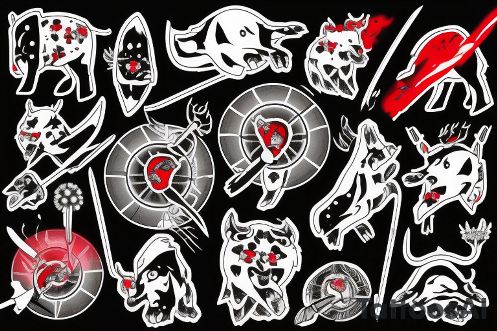 Buffalo with red glowing eyes, and a heard of Buffalo in the background, snowflakes , a football, and hockey puck, with two crossed Sabre style swords. And an atom design tattoo idea