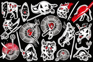 Buffalo with red glowing eyes, and a heard of Buffalo in the background, snowflakes , a football, and hockey puck, with two crossed Sabre style swords. And an atom design tattoo idea
