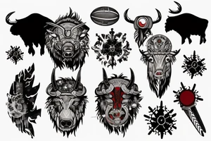 Buffalo with red glowing eyes, and a heard of Buffalo in the background, snowflakes , a football, and hockey puck, with two crossed Sabre style swords. And an atom design tattoo idea