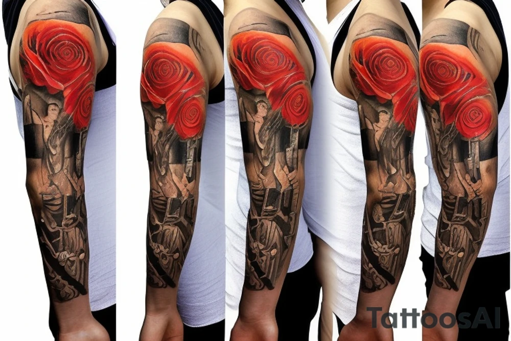 Rose sleeve with piano keys, cross, and Bible scripture about uplift tattoo idea