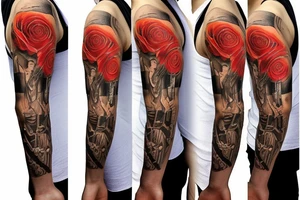 Rose sleeve with piano keys, cross, and Bible scripture about uplift tattoo idea