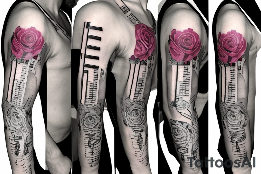 Rose sleeve with piano keys, cross, and Bible scripture about uplift tattoo idea
