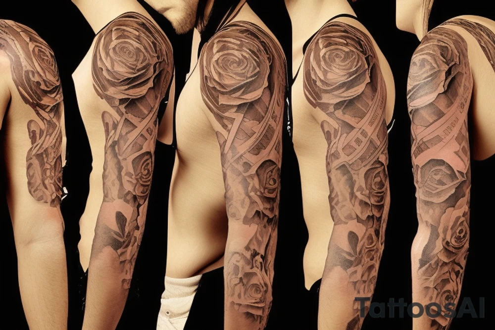 Rose sleeve with piano keys, cross, and Bible scripture about uplift tattoo idea