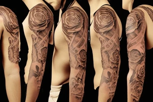 Rose sleeve with piano keys, cross, and Bible scripture about uplift tattoo idea