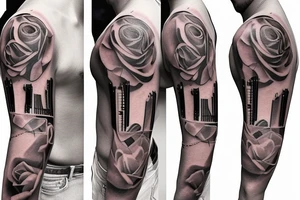 Rose sleeve with piano keys, cross, and Bible scripture about uplift left arm tattoo idea