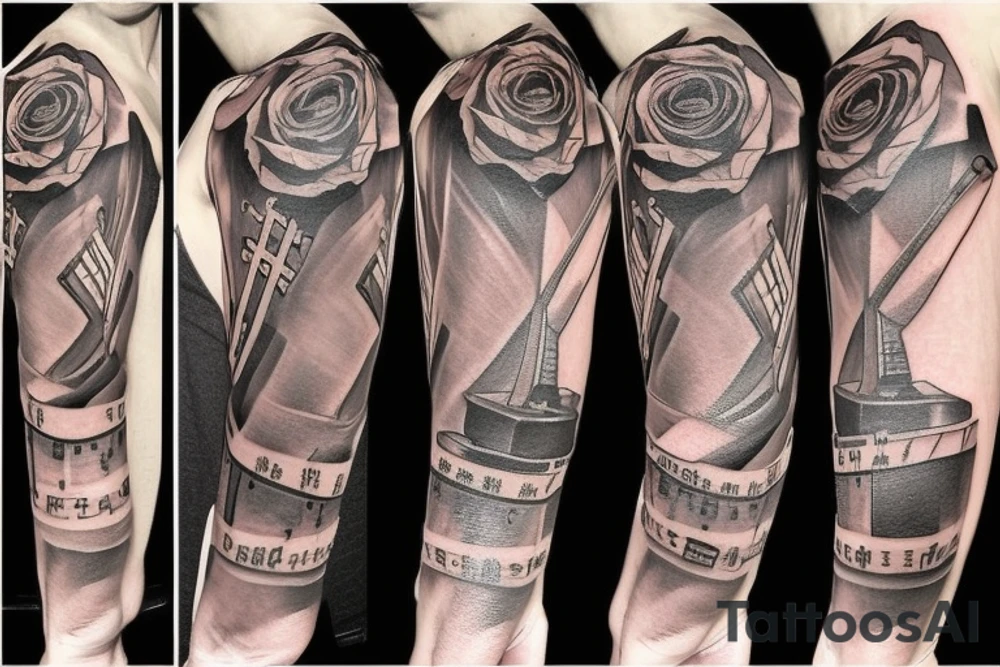 Rose sleeve with piano keys, cross, and Bible scripture about uplift left arm tattoo idea