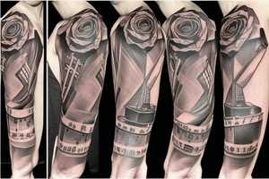 Rose sleeve with piano keys, cross, and Bible scripture about uplift left arm tattoo idea