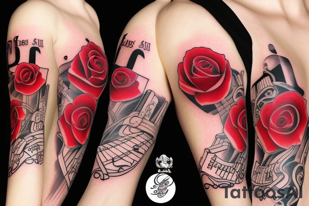 Red Rose sleeve with piano keys, cross, and Bible scripture about uplift left arm tattoo idea