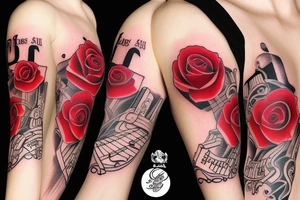 Red Rose sleeve with piano keys, cross, and Bible scripture about uplift left arm tattoo idea
