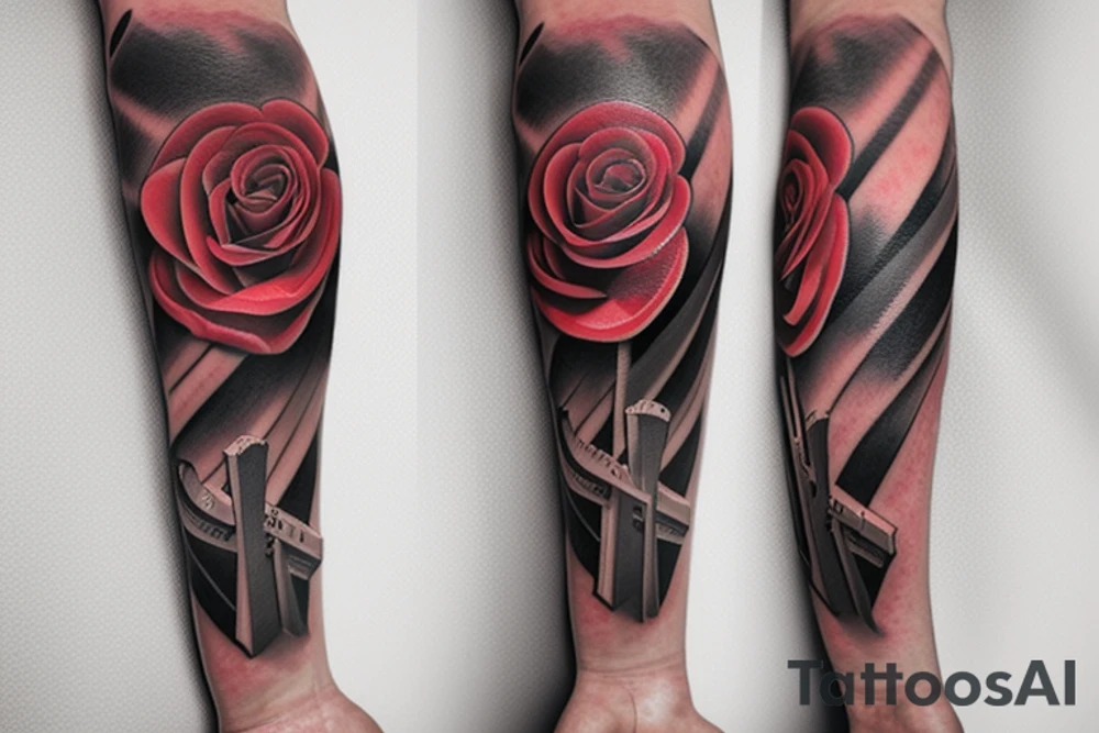 Red Rose sleeve with piano keys, cross, and Bible scripture about uplift left arm tattoo idea