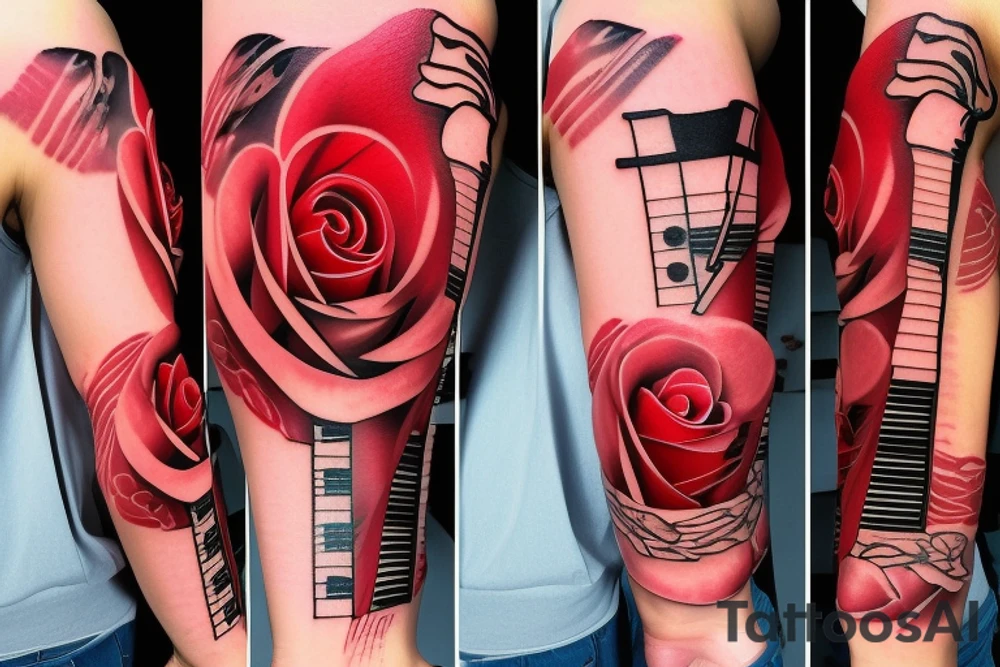Red Rose sleeve with piano keys, cross, Est. 1990 and Bible scripture about uplift left arm tattoo idea