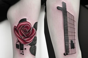 Red Rose sleeve with piano keys, cross, Est. 1990 and Bible scripture about uplift left arm tattoo idea