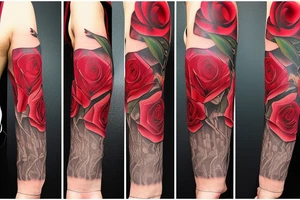 Red Rose sleeve with piano keys, cross, Est. 1990 and Bible scripture about uplift left arm tattoo idea