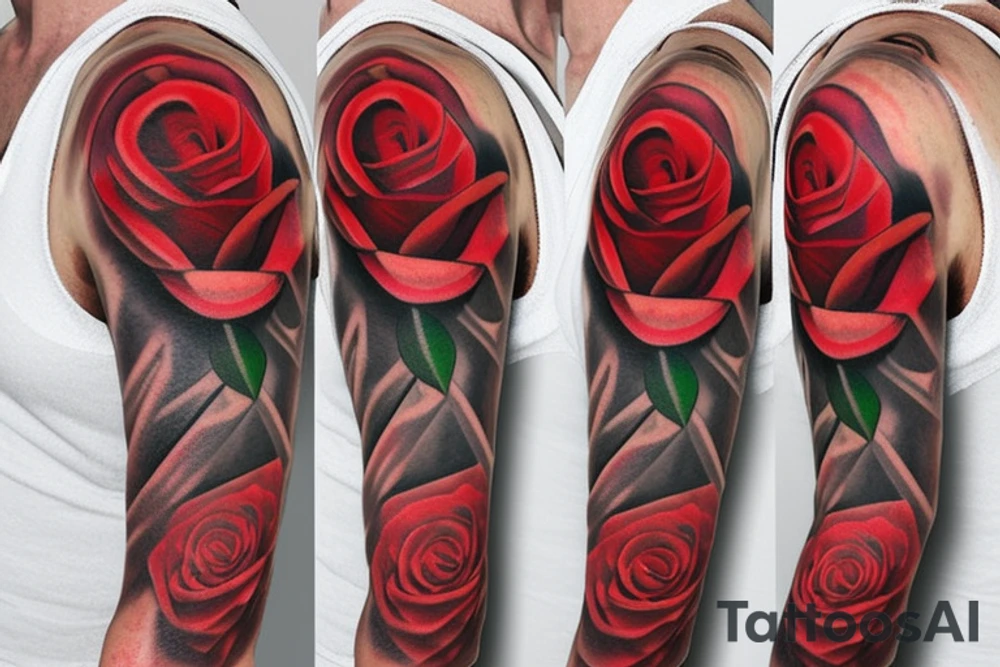 Red Rose sleeve with piano keys, cross, Est. 1990 and Bible scripture about uplift left arm tattoo idea