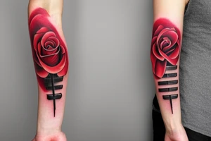Red Rose sleeve with piano keys, cross, Est. 1990 and Bible scripture about uplift left arm tattoo idea