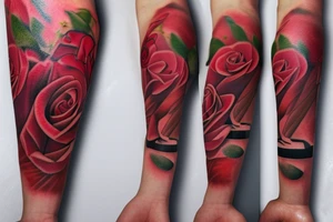 Red Rose sleeve with piano keys, cross, Est. 1990 and Bible scripture about uplift left arm tattoo idea