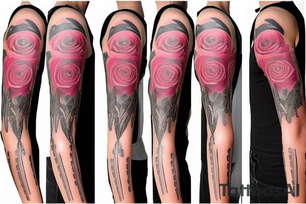 Rose sleeve with piano keys, cross, Est. 1990 and Bible scripture about uplift left arm tattoo idea