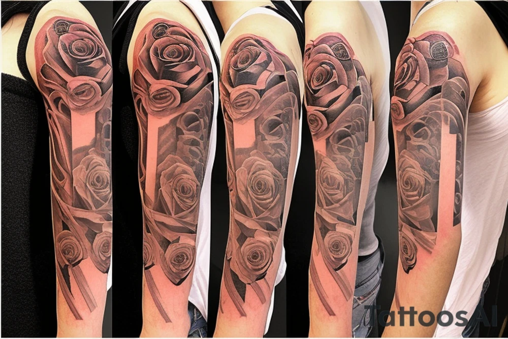 Rose sleeve with piano keys, cross, Est. 1990 and Bible scripture about uplift left arm tattoo idea