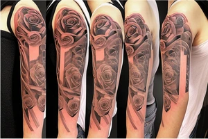 Rose sleeve with piano keys, cross, Est. 1990 and Bible scripture about uplift left arm tattoo idea