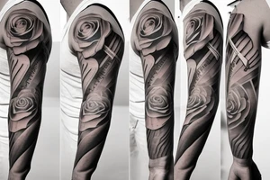 Rose sleeve with piano keys, cross, Est. 1990 and Bible scripture about uplift left arm fayetteville tattoo idea