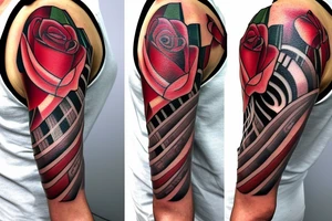 Rose sleeve with piano keys, cross, Est. 1990 and Bible scripture about uplift left arm fayetteville tattoo idea