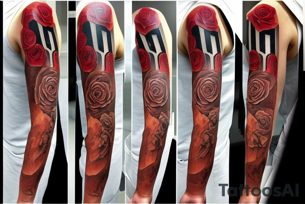 Rose sleeve with piano keys, cross, Est. 1990 and Bible scripture about uplift left forearm fayetteville tattoo idea