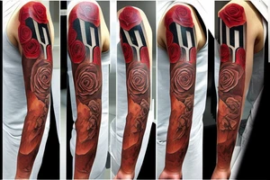 Rose sleeve with piano keys, cross, Est. 1990 and Bible scripture about uplift left forearm fayetteville tattoo idea