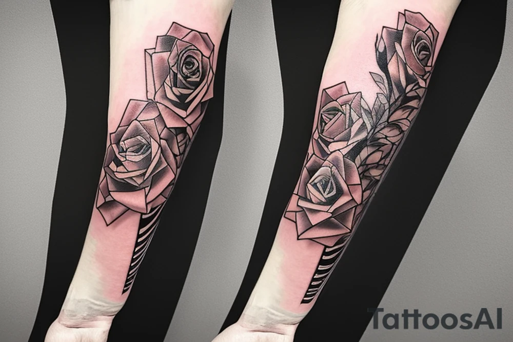 Rose sleeve with piano keys, cross, Est. 1990 and Bible scripture about uplift left forearm fayetteville tattoo idea