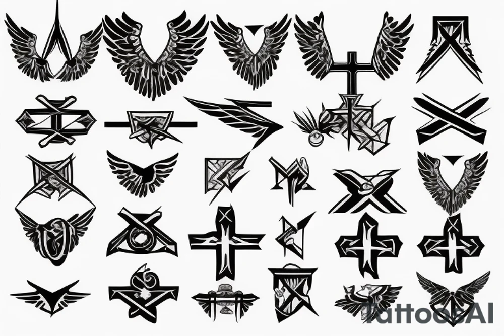 a cross with angle wing attached to it tattoo idea
