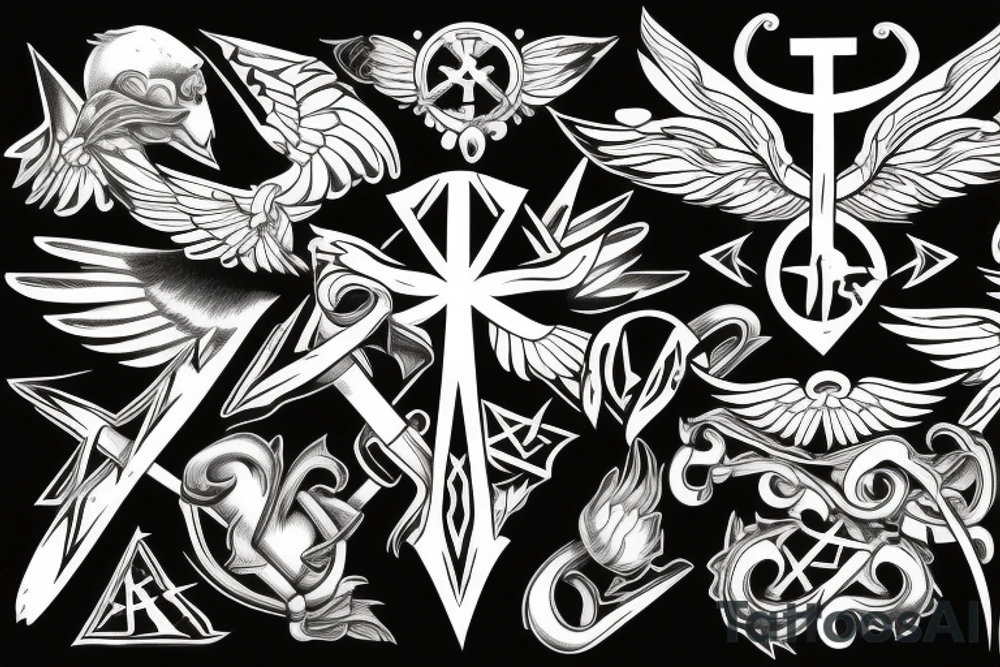 a cross with angle wing attached to it tattoo idea