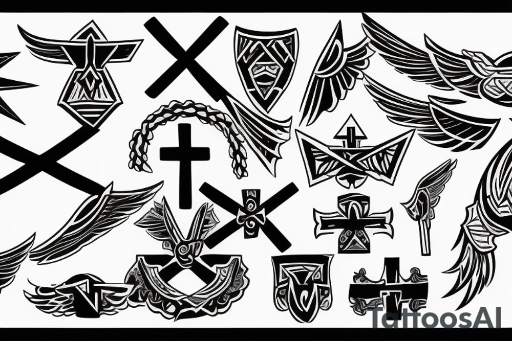 a cross with angle wing attached to it tattoo idea
