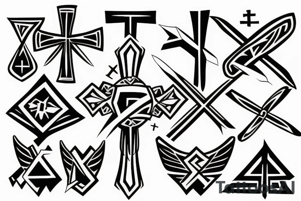 a cross with angle wing attached to it tattoo idea