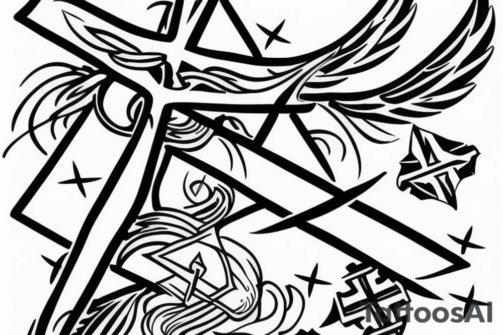 a cross with angle wing attached to it tattoo idea