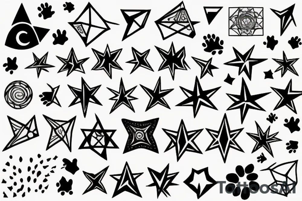 Sunset, stars, compass, guitar, field hockey stick, paw print, books tattoo idea