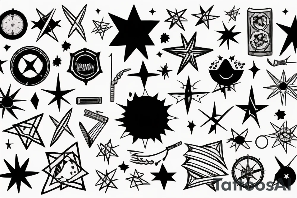 Sunset, stars, compass, guitar, field hockey stick, paw print, books tattoo idea