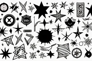 Sunset, stars, compass, guitar, field hockey stick, paw print, books tattoo idea