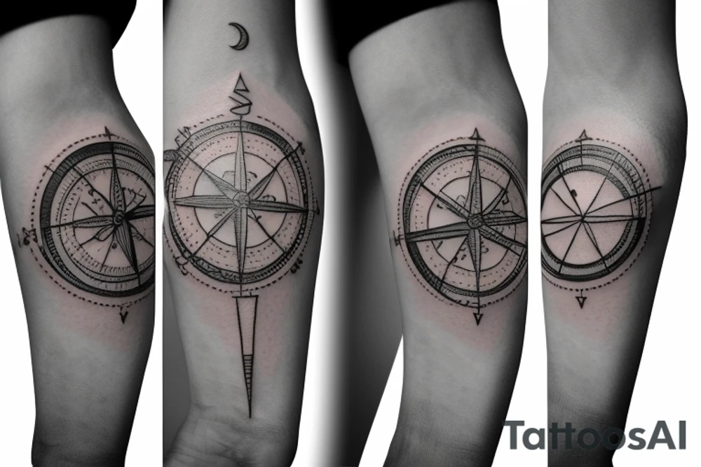 Travel tattoo with a compass surrounded by directions underneath the phases of the moon tattoo idea