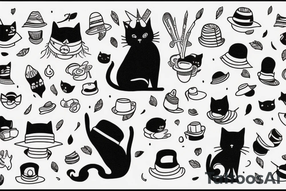 Black cat with a funny hat and sweater tattoo idea