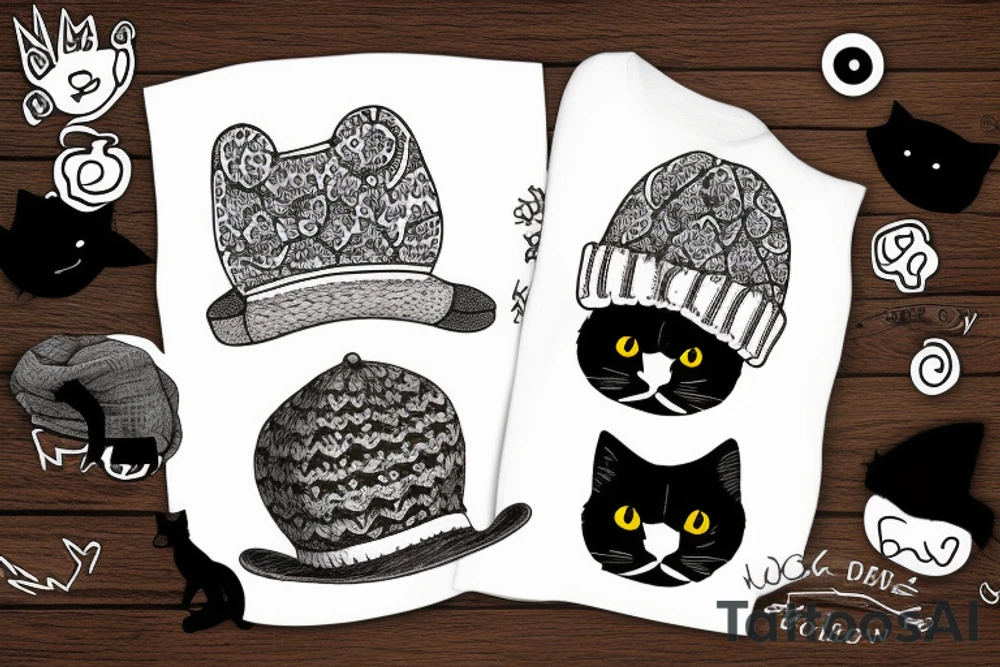 Black cat with a funny hat and sweater tattoo idea