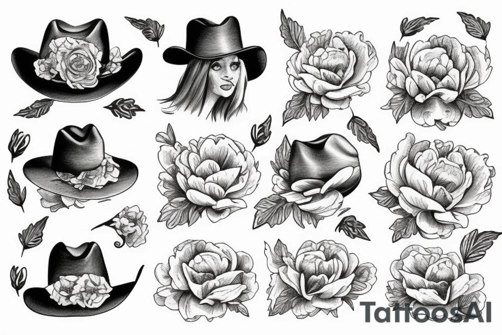 Alice in wonderland in a cowboy hat holding peonies tattoo idea