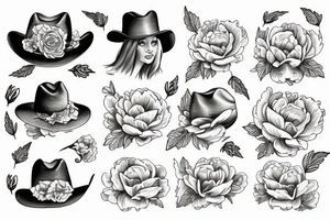 Alice in wonderland in a cowboy hat holding peonies tattoo idea
