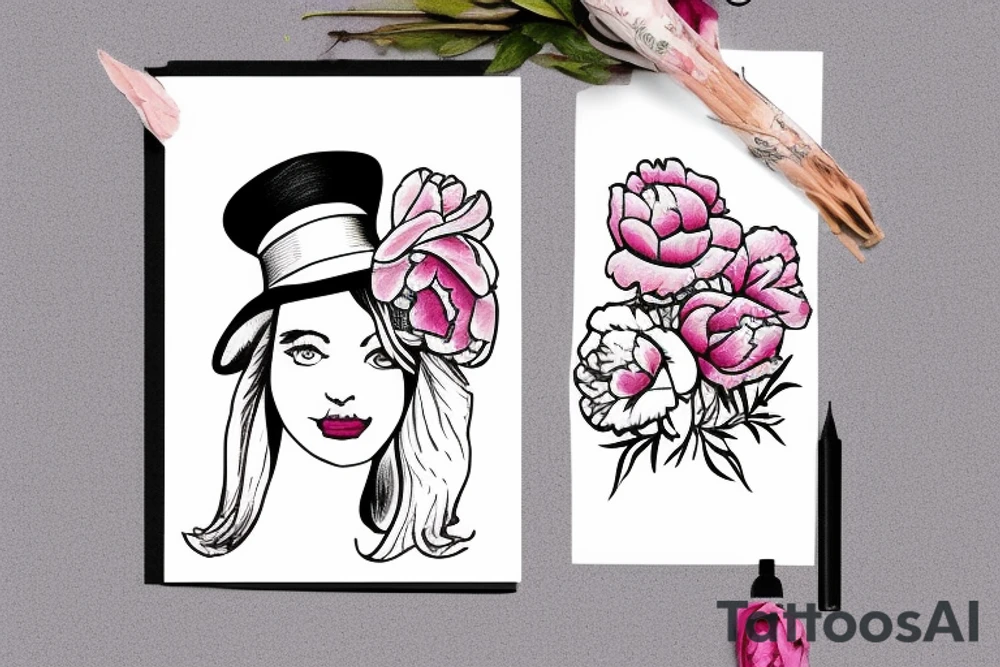 Alice in wonderland in a cowboy hat holding peonies tattoo idea
